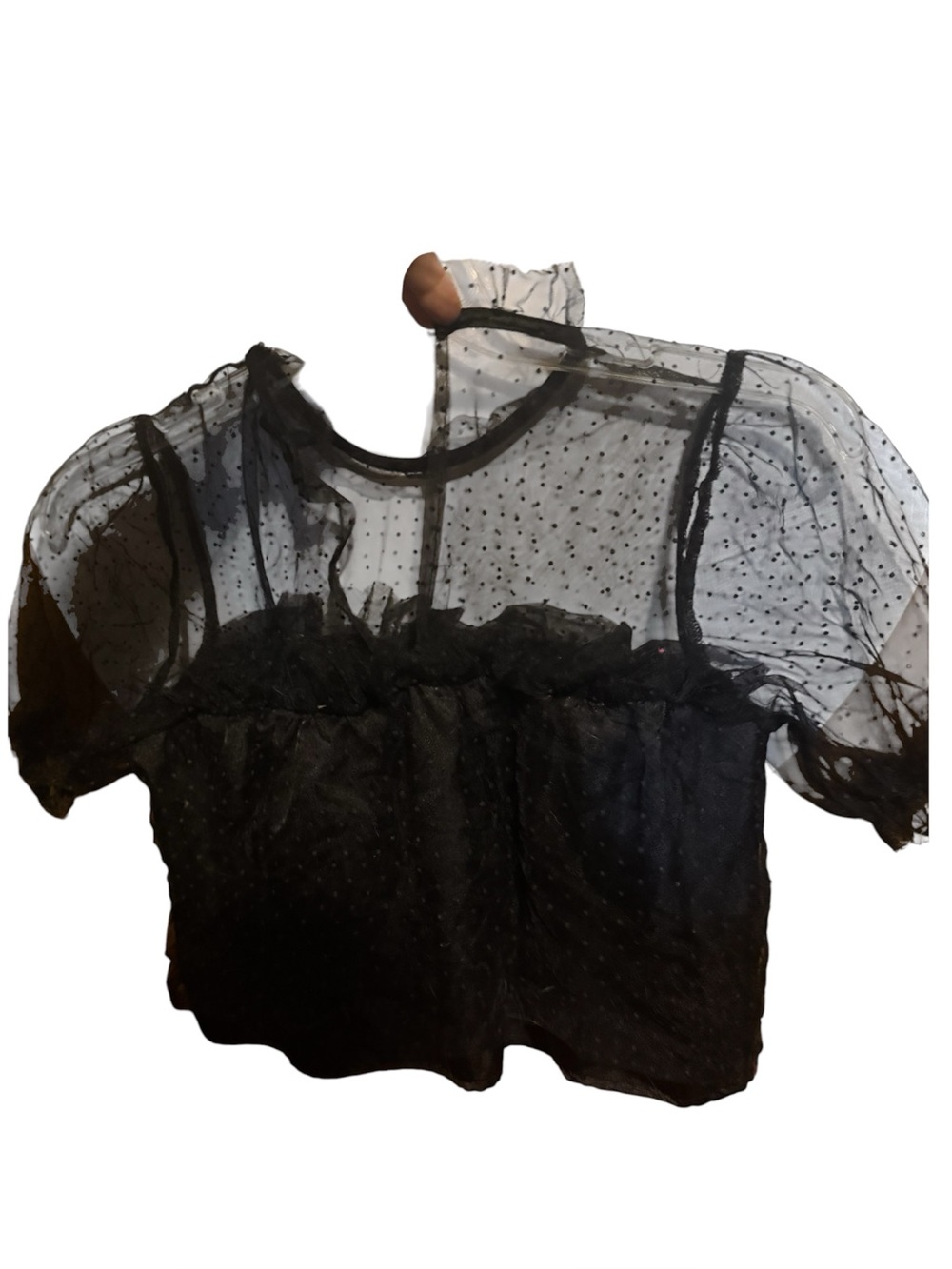 Forever 21 Black Sheer Polka Dot Ruffle Cropped Blouse